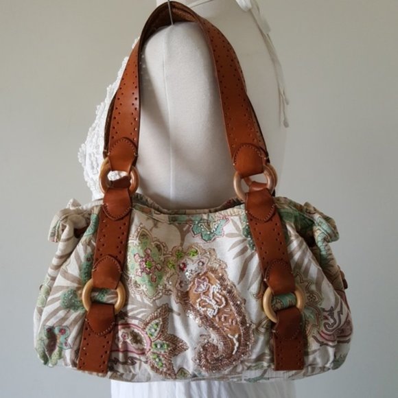 Fossil Beaded Canvas & Leather Bag - Picture 1 of 14